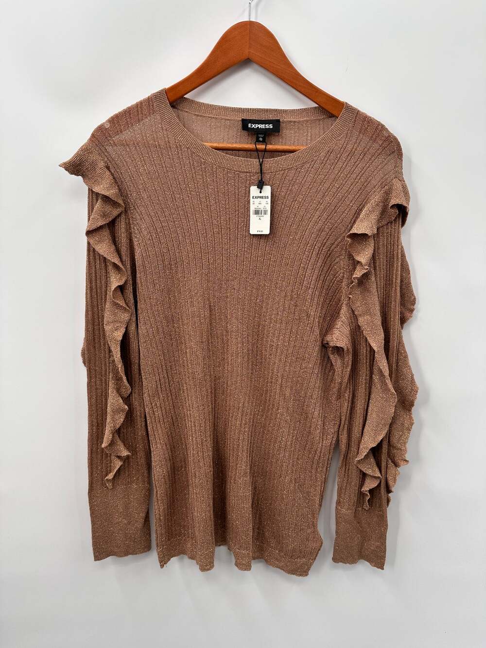 EXPRESS NWT Brown Gold Metallic Ruffle Sleeve Sweater // XL